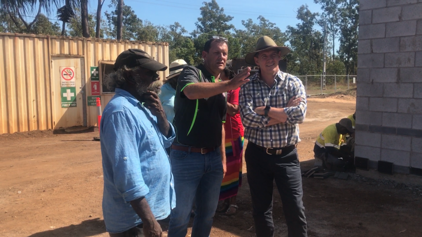Alfred Mamarika,Chair of Groote Eylandt and Bickerton Island Enterprises, Glen, our construction manager, and NT Chief Minister, Michael Gunner.