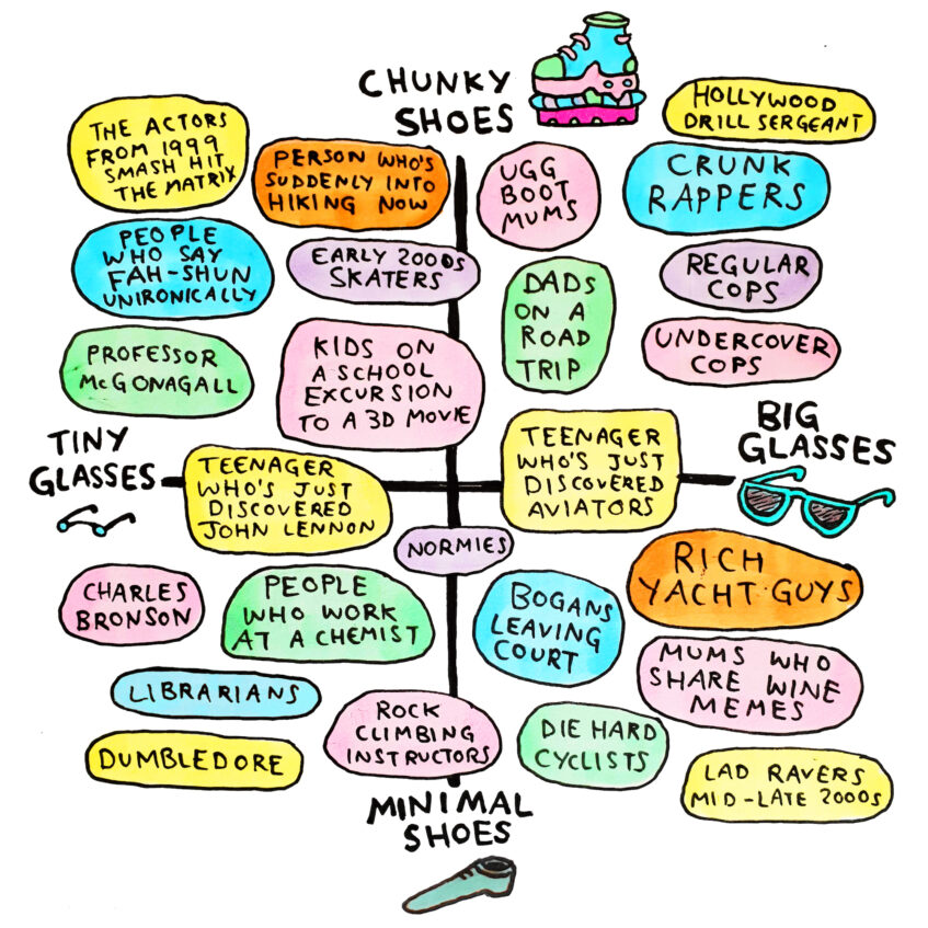 Together with this partner, Felicity, Cam turns his acerbic illustrations into everything from bumbags and clothing, stickers, movies and books. We found him through Instagram and have spent countless hours trawling his feed, laughing and cringing in equal amounts.