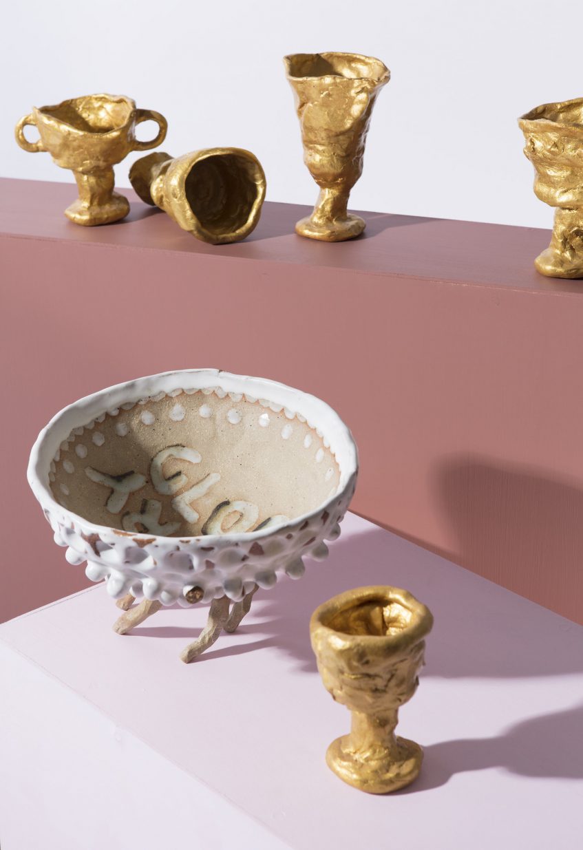 Clare Peake 
Chalice, 2015, air-dry clay, acrylic paint.

Tom Freeman 
Glory Glory, 2017, glazed stoneware.
