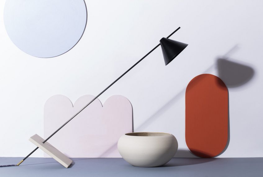 Counterpoint Lamp, 2015, stoneware base, carbon fibre rod, spun aluminium shade