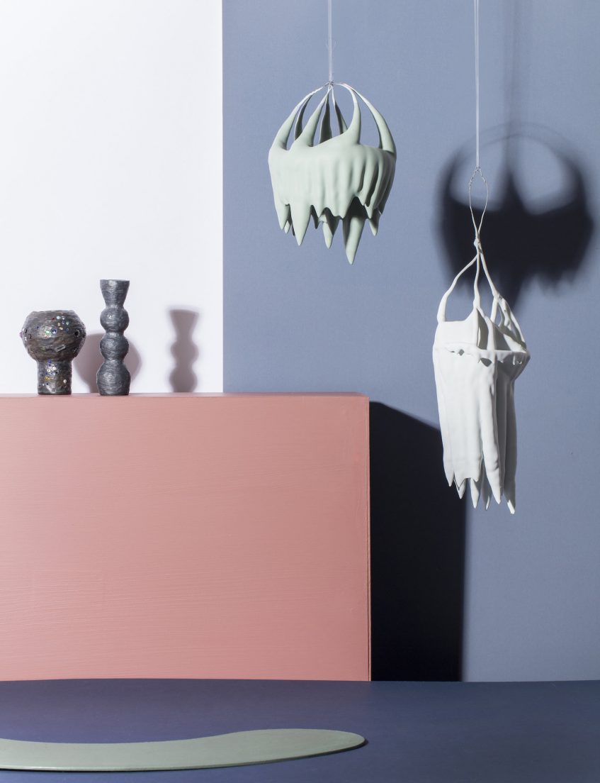 Rose Megirian 
Great Worth, 2016, blackened sterling silver, precious and semi-precious stones, fresh water and south sea pearls.

Tom Freeman 
Hanging Wire Dip (1 & 2), 2015, wire, acrylic paint.