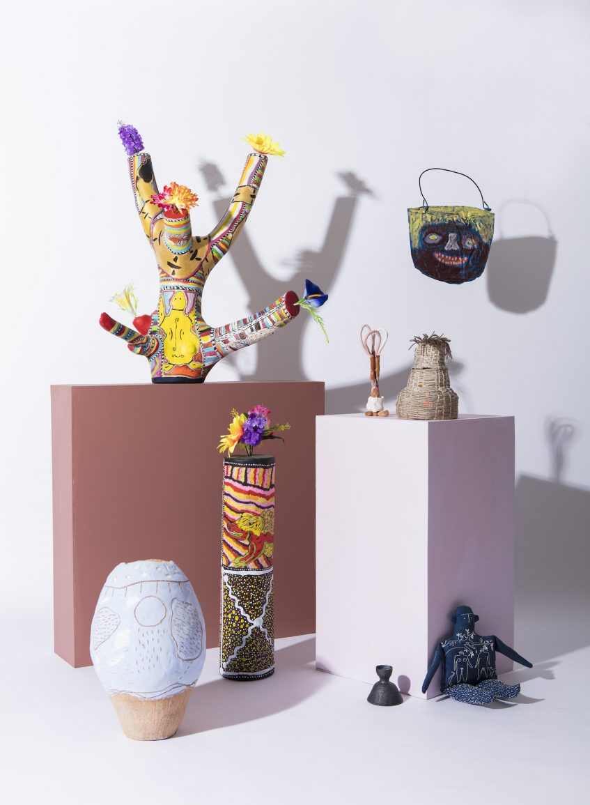 Sarana Haeata 
Big Bertha, 2015, buff raku clay.

John Prince Siddon Mangkaja Arts, Totem Poles, 2017, found wood, plastic flowers, acrylic paint.

Eunice Porter Warakurna Arts, Untitled, 2014, reclaimed tin, acrylic paint.

Tom Freeman 
Three Loops on Top, 2016, air-dry clay, glue, glazed earthenware.

Carla Adams
Jacob (Just shut up and eat my Dick), 2017, poly cord, cotton sash, acrylic yarn, cotton.

Rose Megirian 
Great Worth, 2016, blackened sterling silver.

Betty Poulsen 
Sweet Fruits, 2016, indigo dyed linen, cotton, wool stuffing.