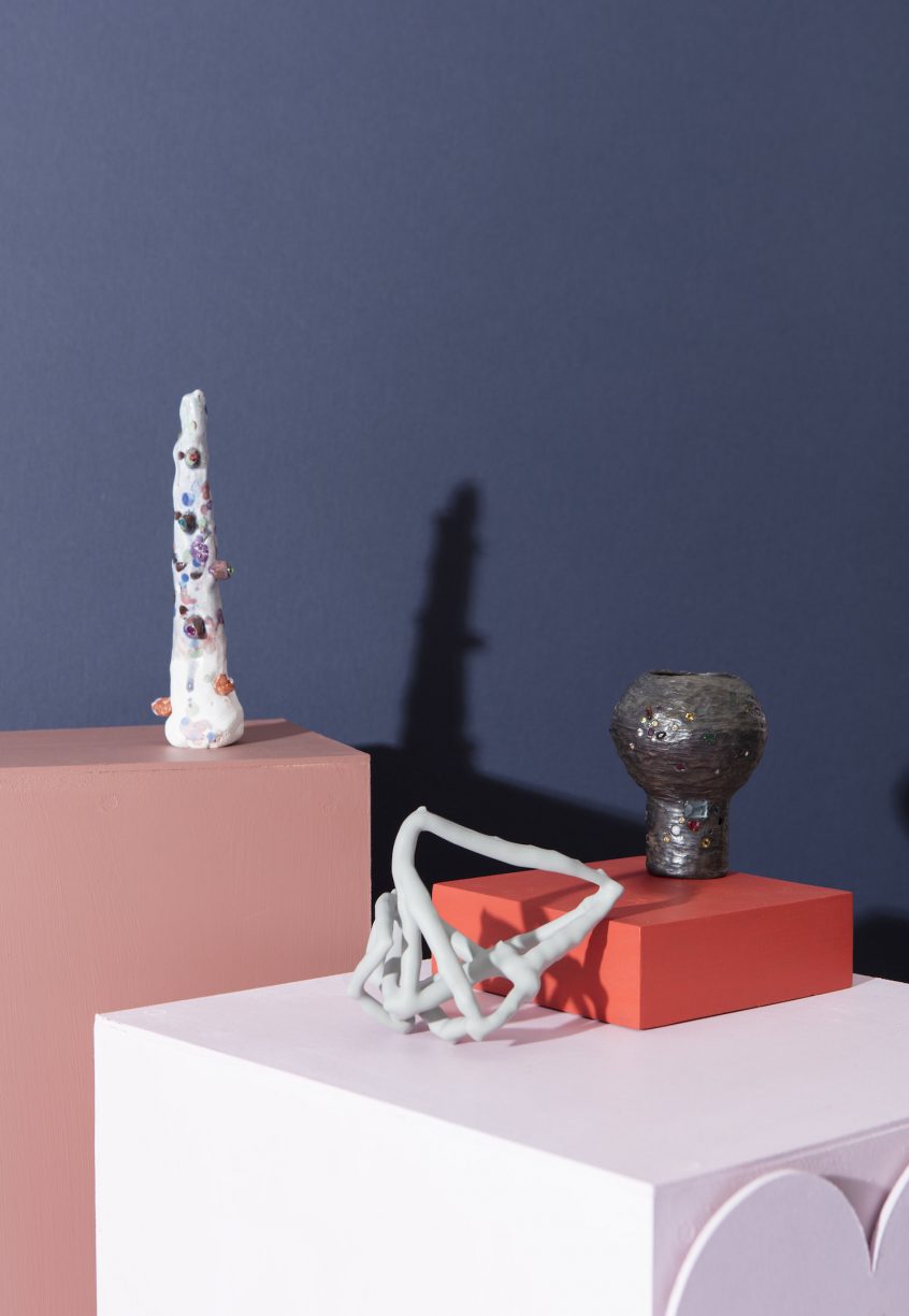 Tom Freeman
Shiny Knobs, 2016, glass, glue and glazed earthenware