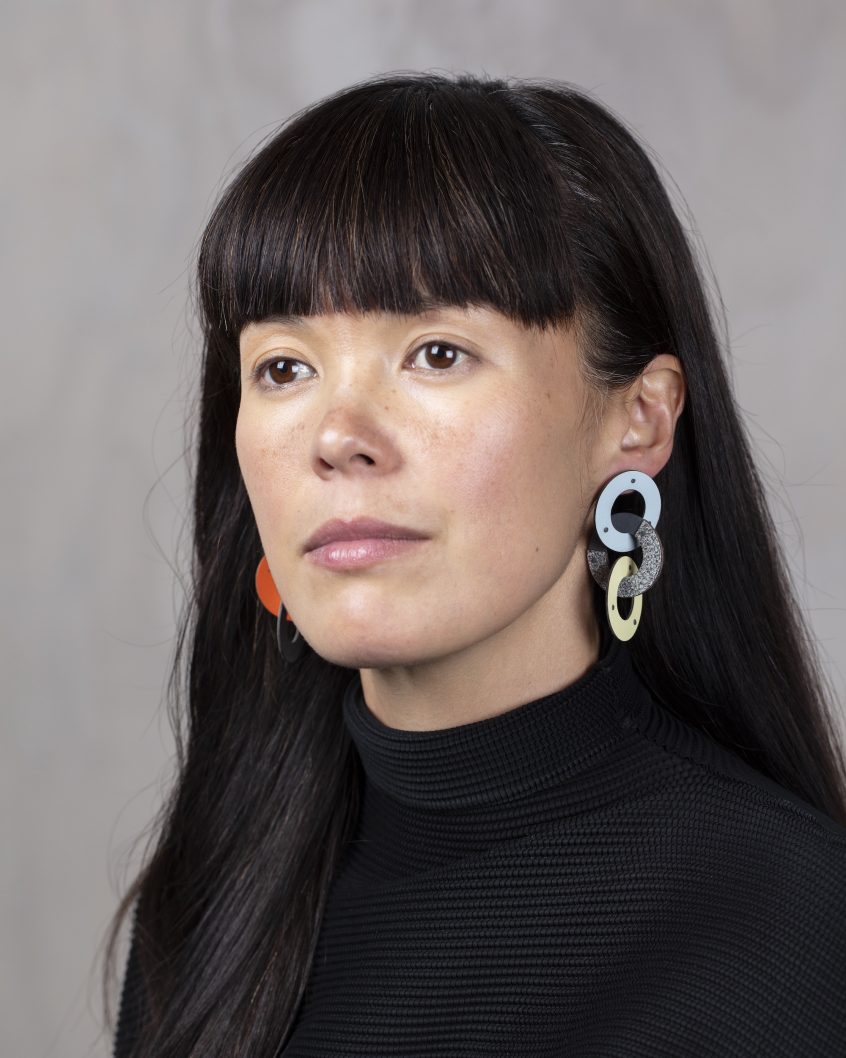 Rose Megirian, 2019
Chain Link Earrings
(60 x 32 x 1mm)
oxidised sterling silver, laminate
Model: Christina Chau